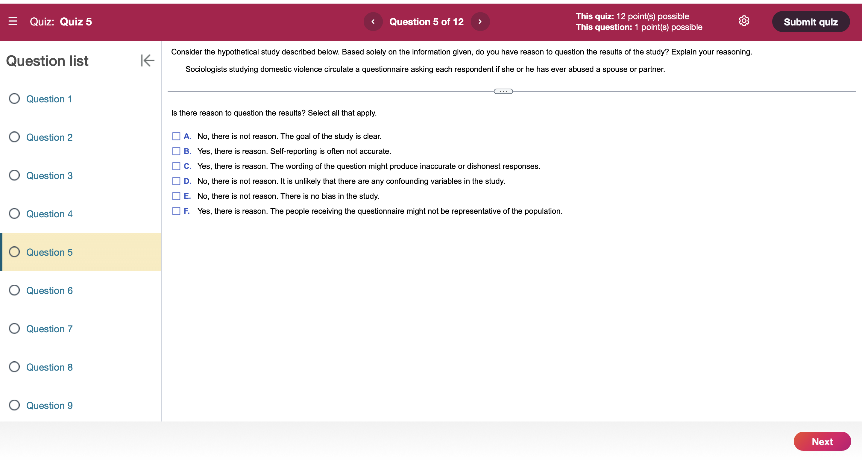 Quiz: Quiz 5 Question 5 of 12 Submit quiz Consider the hypothetical