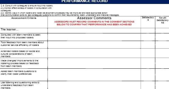  PERFORMANCE RECORD 1.6. Consult with colleagues to ensure Input Into rosters