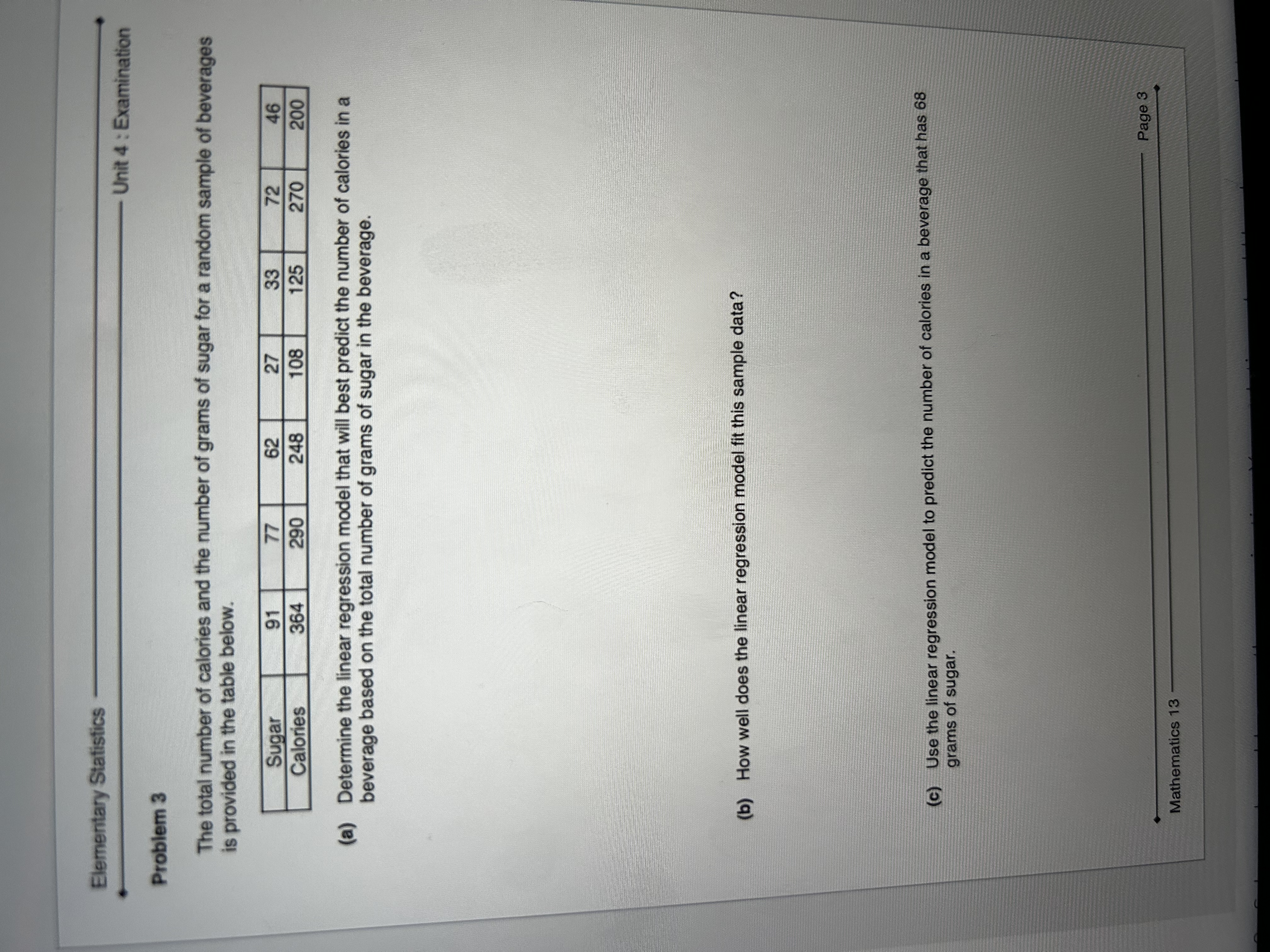 of calories and the number of grams of sugar for a random
