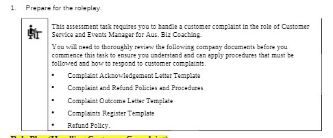 handle a customer complaint in the role of Customer Service and Events