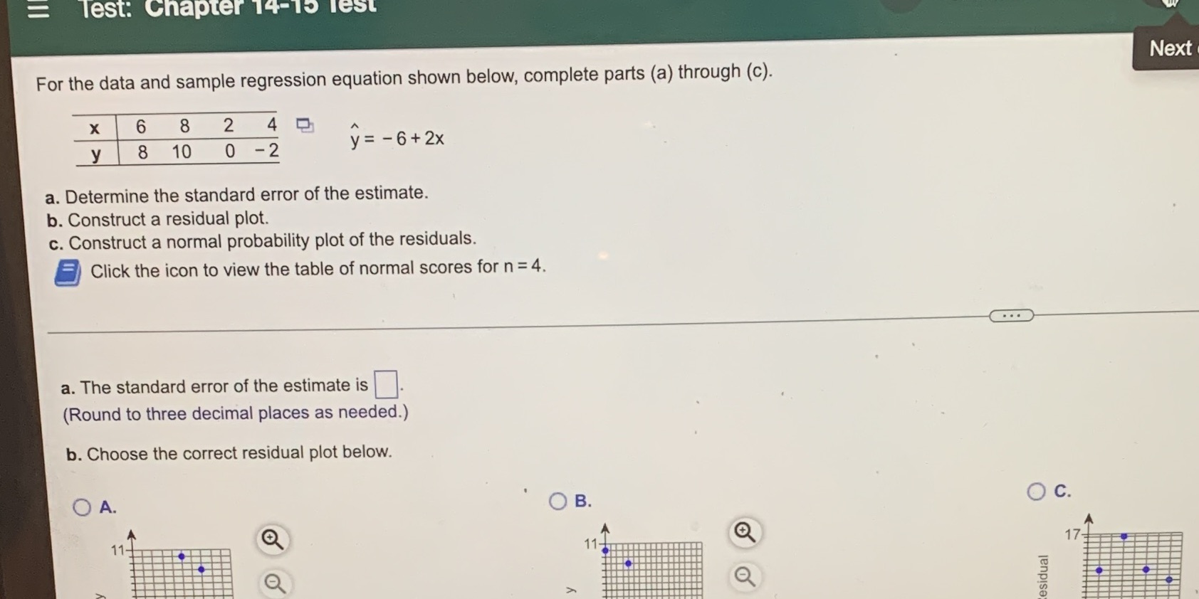 Test: Chapter 14-15 Test Next For the data and sample regression