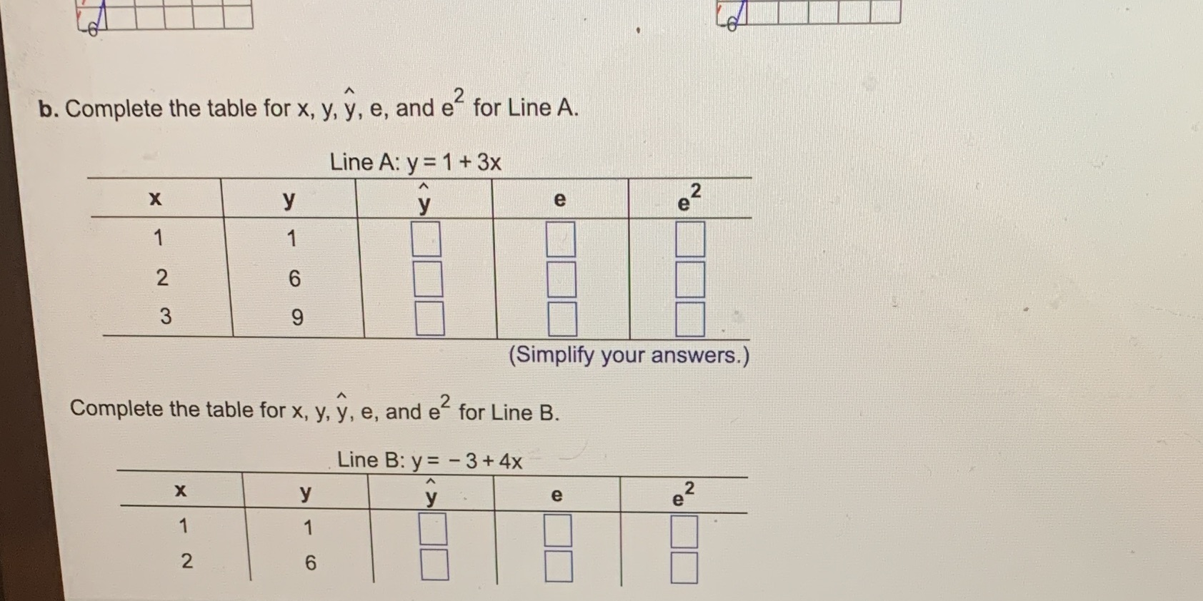  b. Complete the table for x, y, y, e, and e