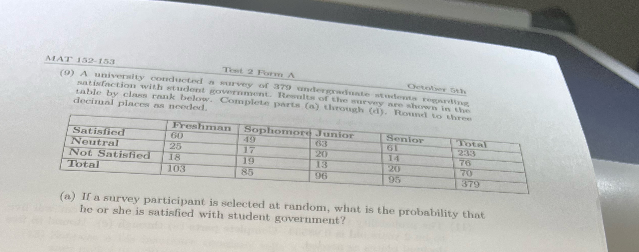  MAT 152-153 Test 2 Form A October 5th (9) A university