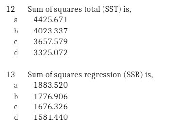 4425.671 4023.337 3657.579 3325.072 Sum of squares regression (SSR) is, 1883.520 1776.906