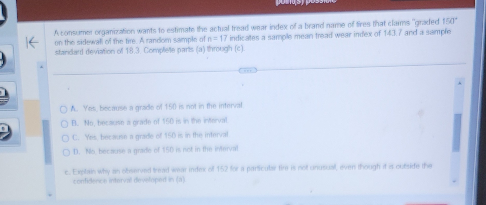 indicates a sample mean tread wear index of 143.7 and a sample