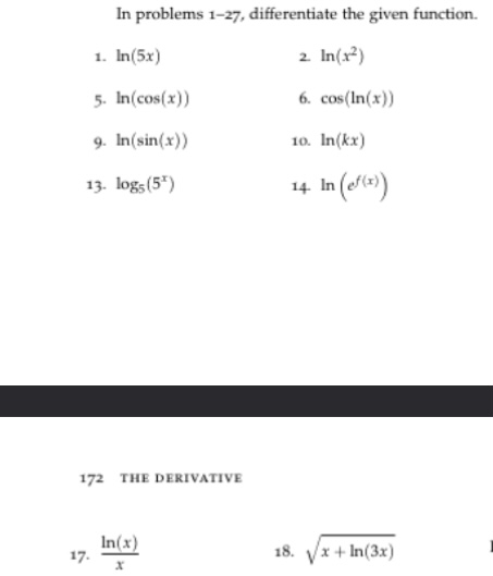 5. In(cos(x)) 6. cos(In(x)) 9. In(sin(x)) 10. In(kx) 13. logs (57 )
