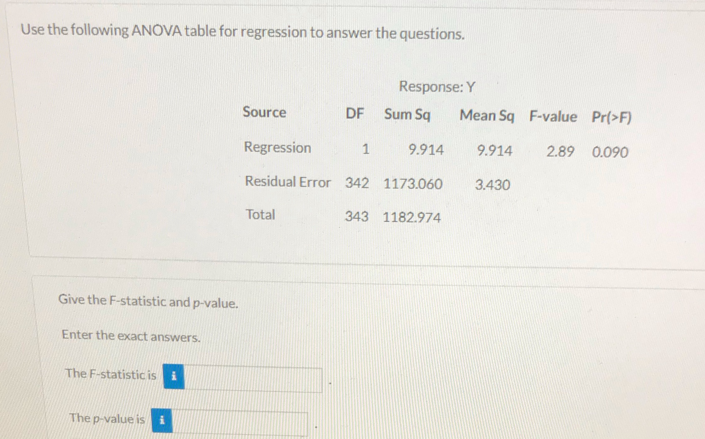 Use the following ANOVA table for regression to answer the questions. Source