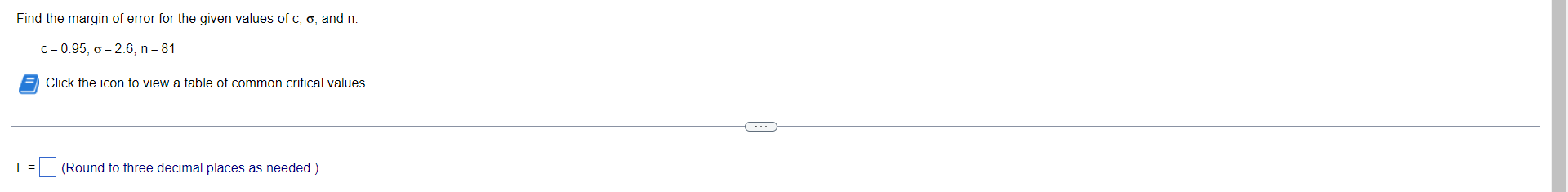 margin of error for the given values of c, o, and n.