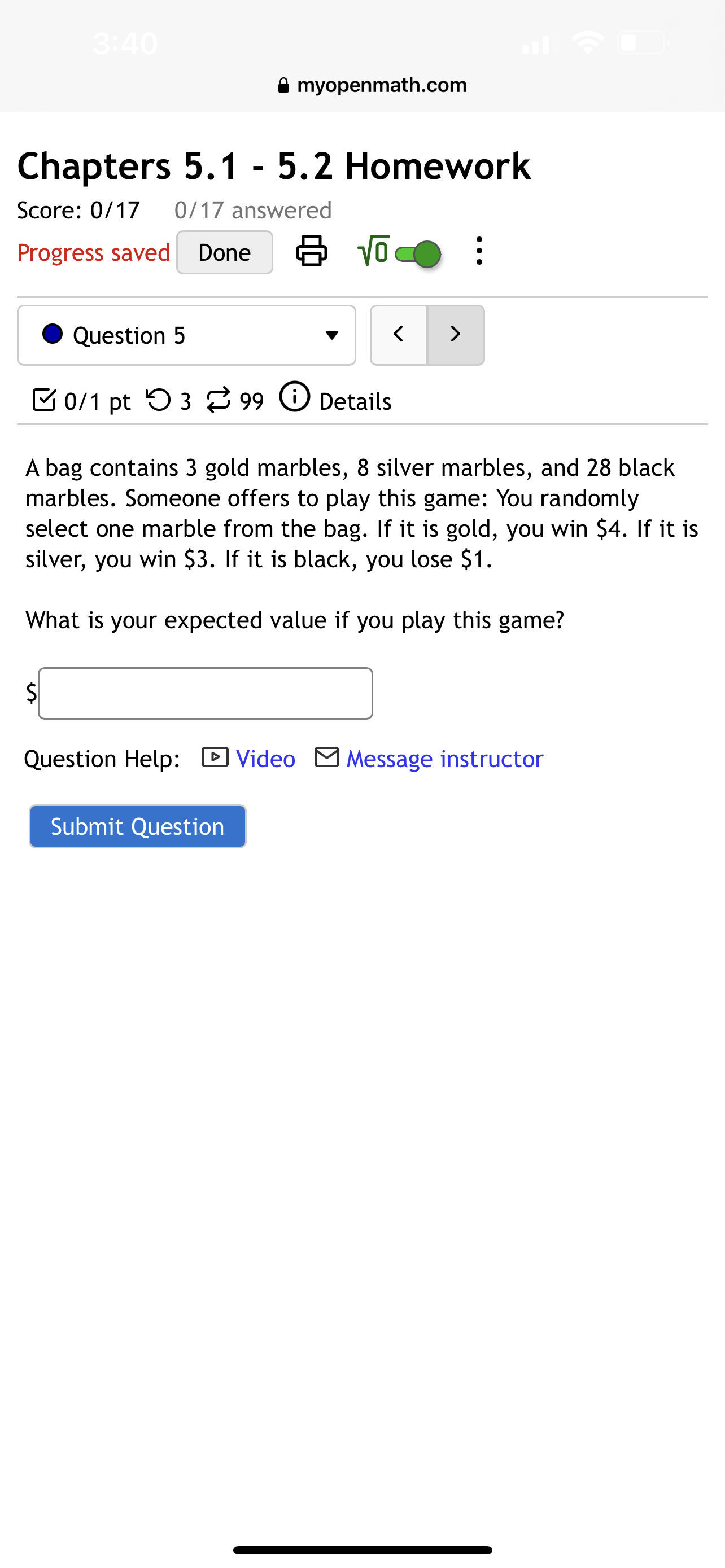 0/1 pt '0 3 8 99 6) Details In a lottery game,