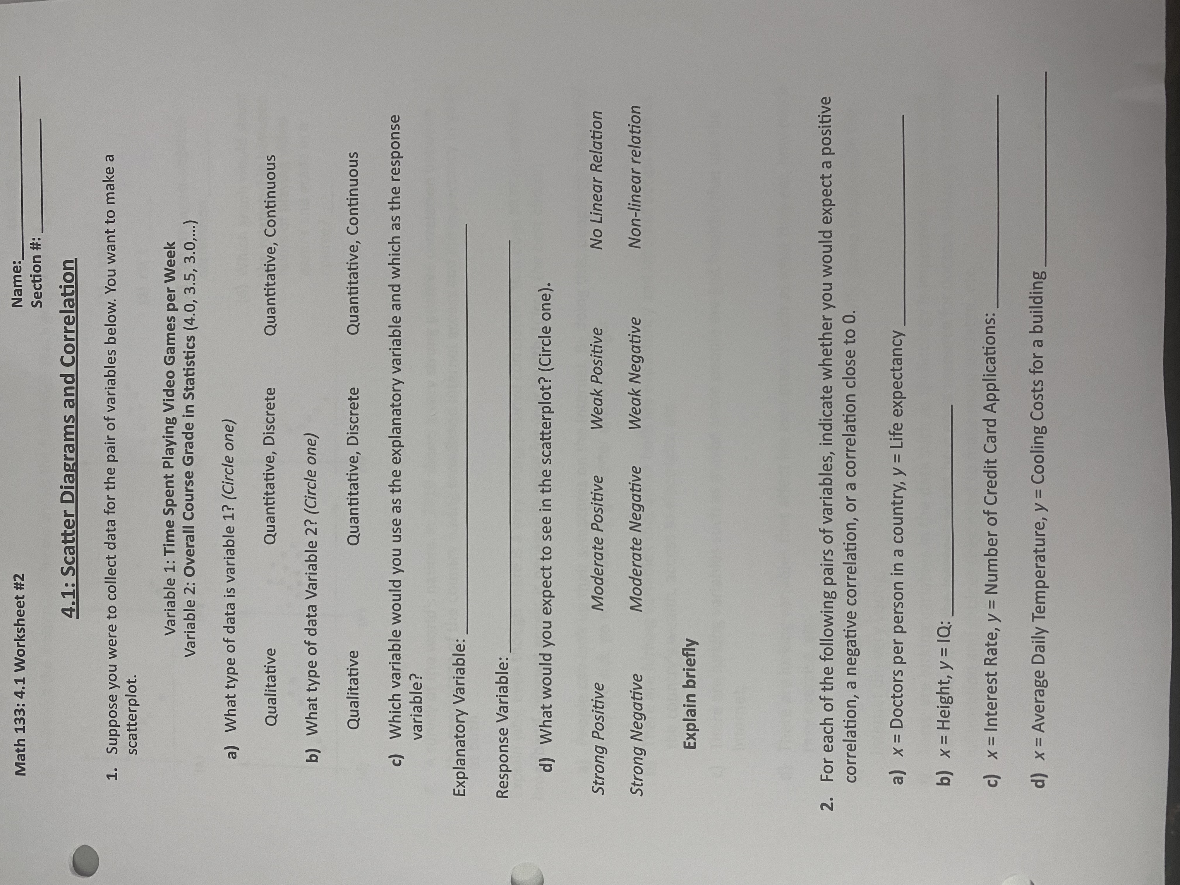 Math 133: 4.1 Worksheet #2 Name: Section #: 4.1: Scatter Diagrams