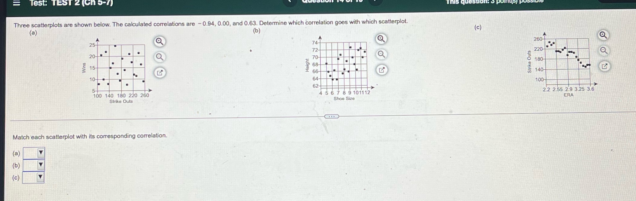 14 Test: TEST 2 (Ch 5-7) This question Three scatterplots are shown