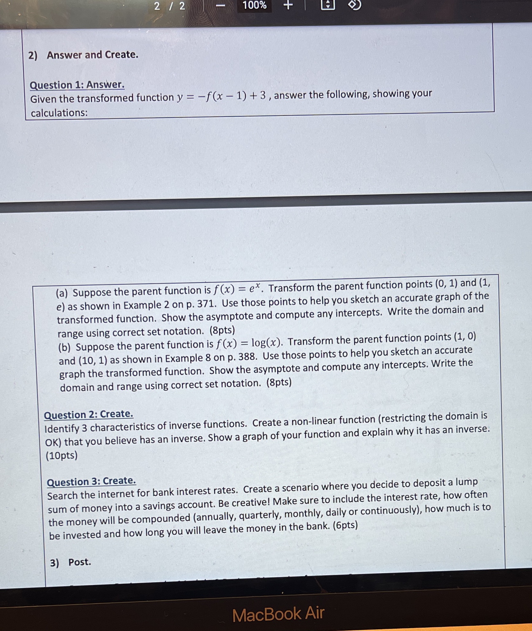  2) Answer and Create. Question 1: AnsviIer. Given the transformed function