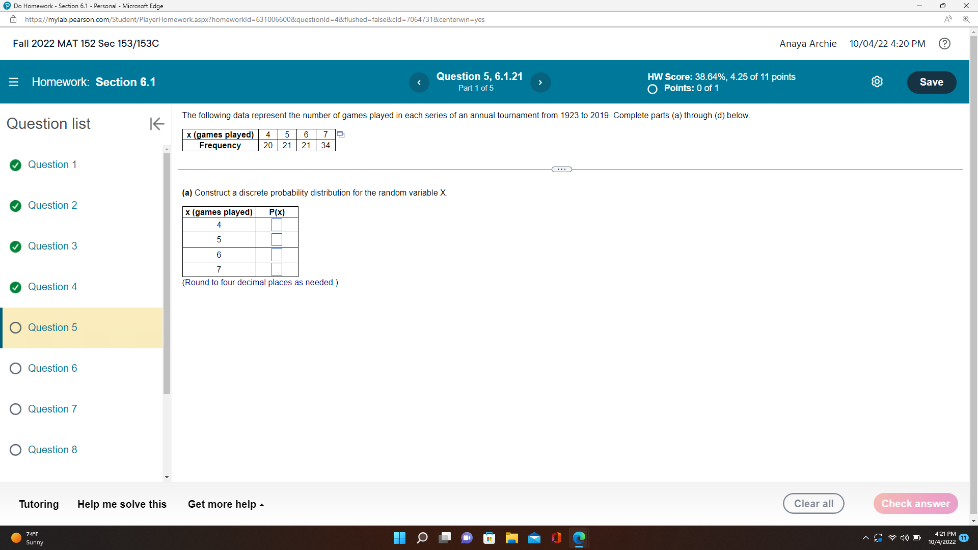  Do Homework - Section 6.1 - Personal - Microsoft Edge X