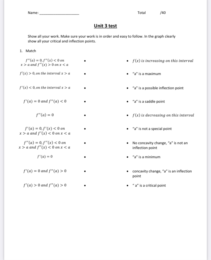 Name: Total /40 Unit 3 test Show all your work. Make