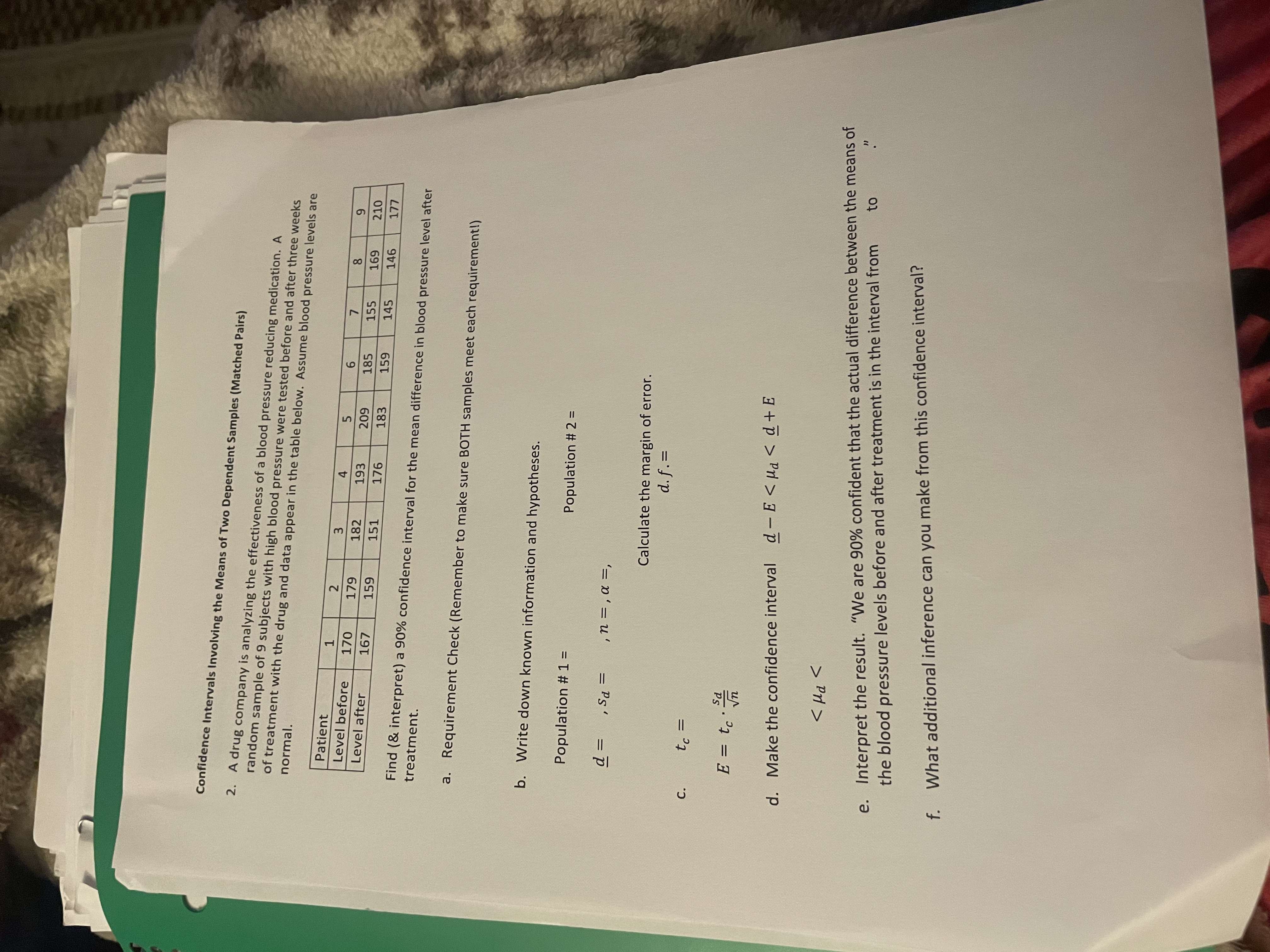 a confidence interval involving the difference of two dependent sample means. *