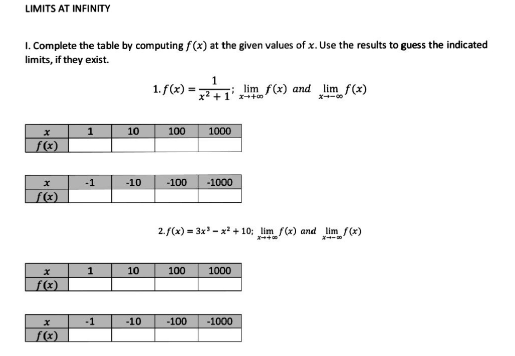 Please answer with solution. LIMITS AT INFINITY I. Complete the table by
