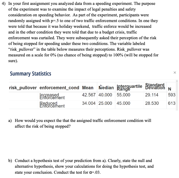  4) In your first assignment you analyzed data from a speeding