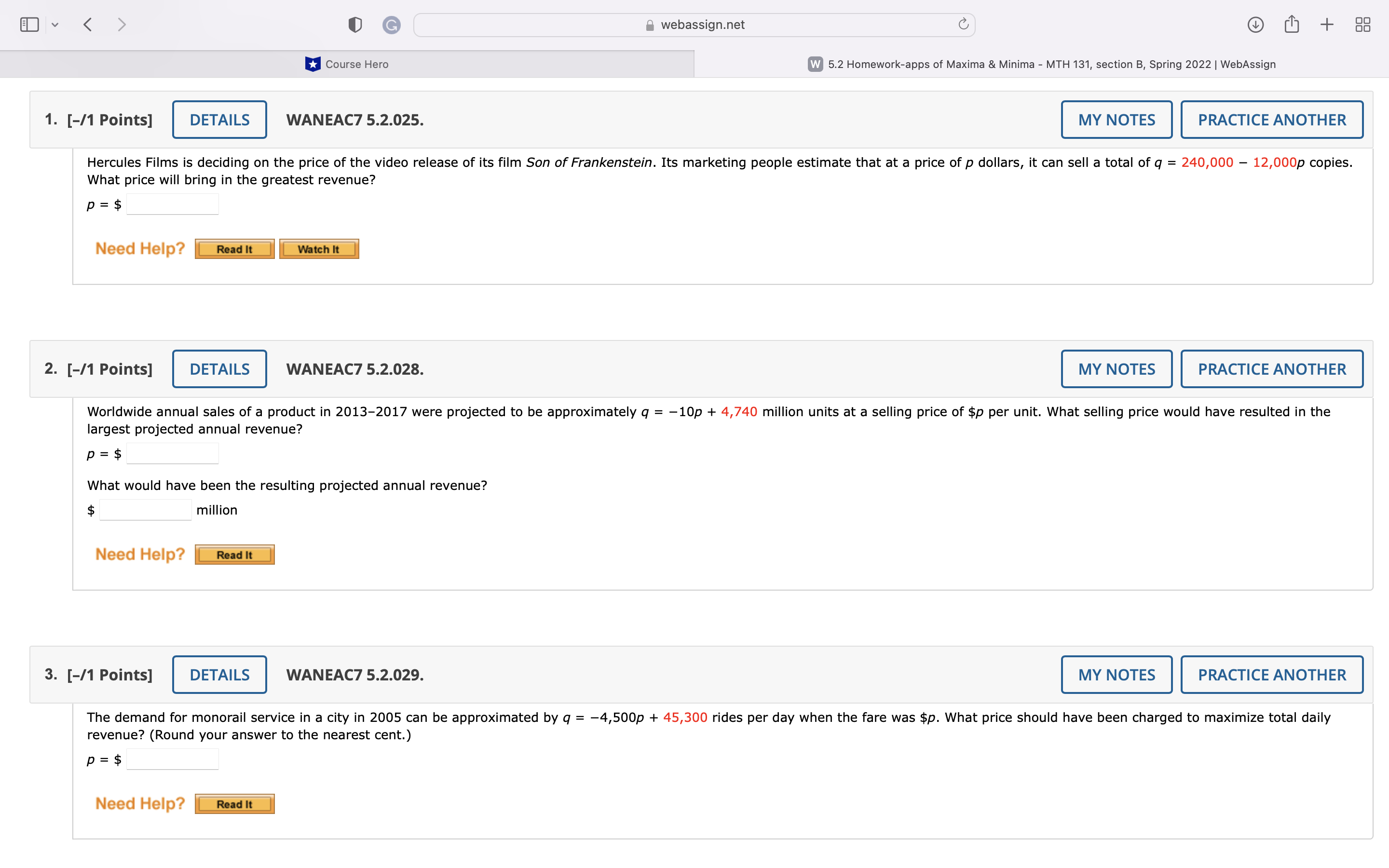 Course Hero m 5.2 Homeworkapps of Maxima & Minima - MTH 131,