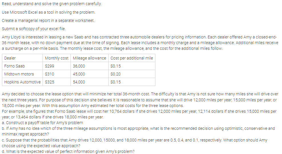  Read, understand and solve the given problem carefully. Use Microsoft Excel