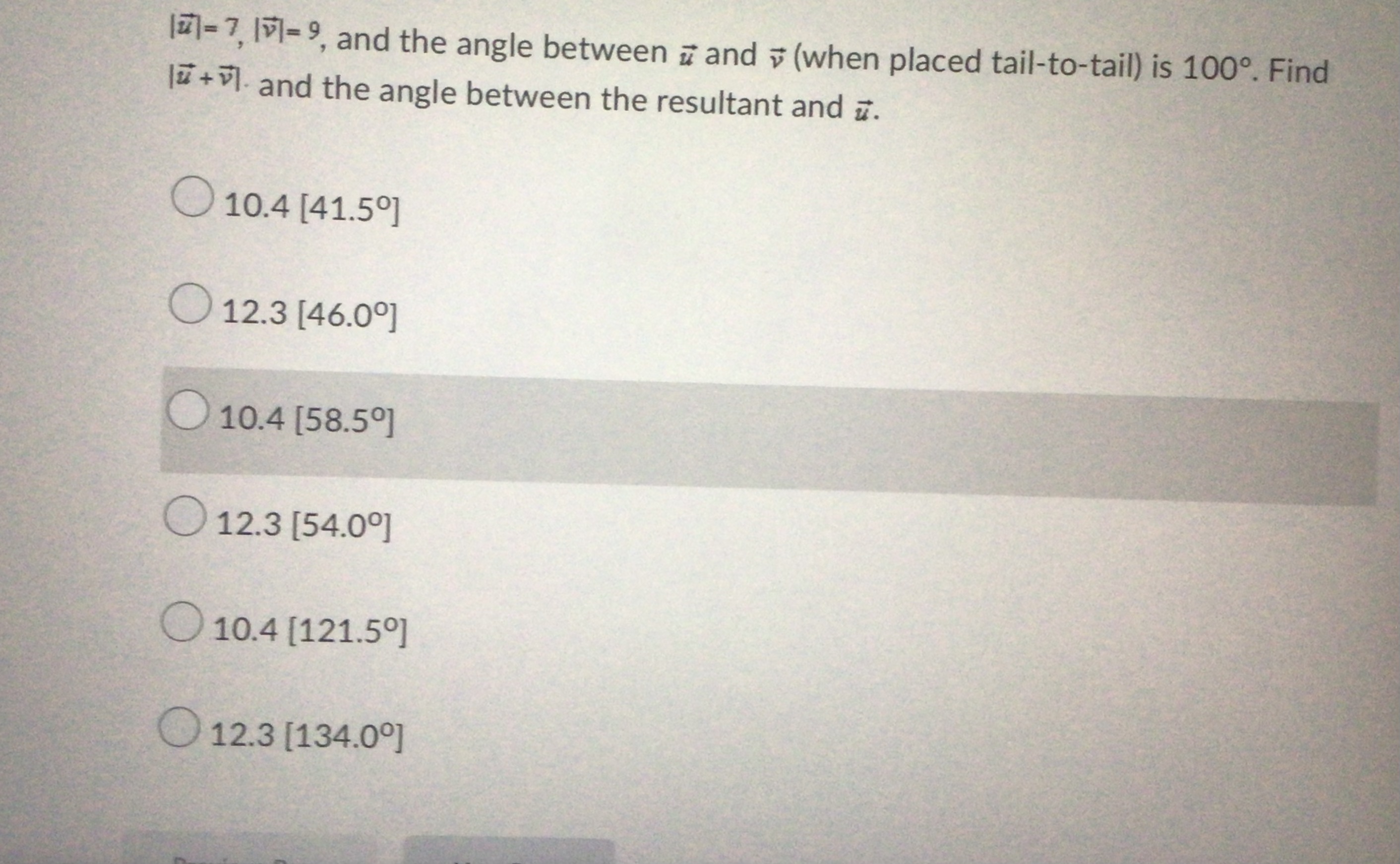 tail-to-tail) is 100. Find lu + vl and the angle between the