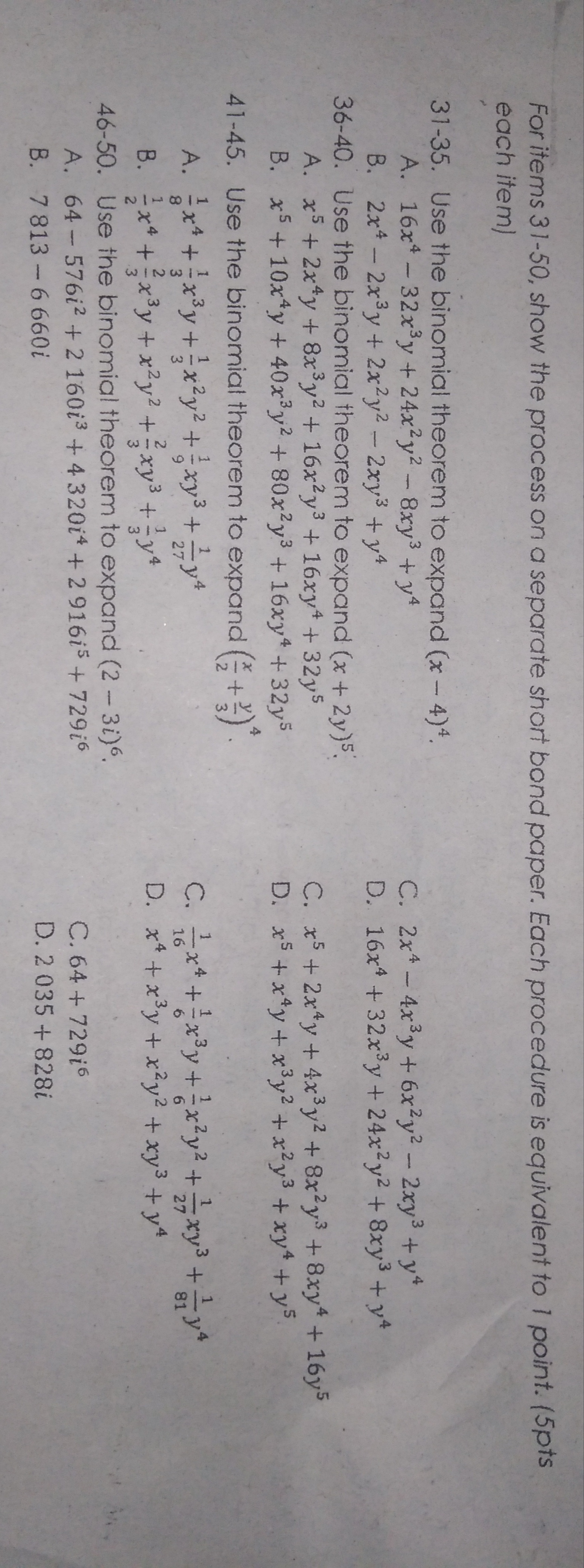 paper. Each procedure is equivalent to 1 point. (5pts each item) 31-35.