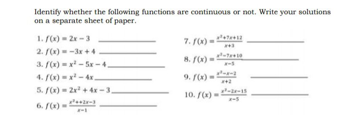 Give the computation that made the given functions continuous or not. Show