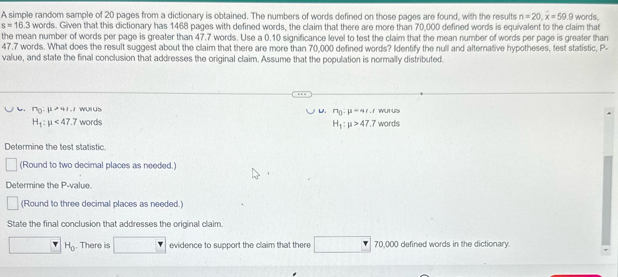  A simple random sample of 20 pages from a dictionary is