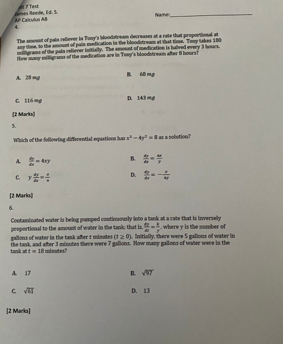 Multiple Choice 1. Solve the equation. f'(x) = 6f(x) and f(2) =