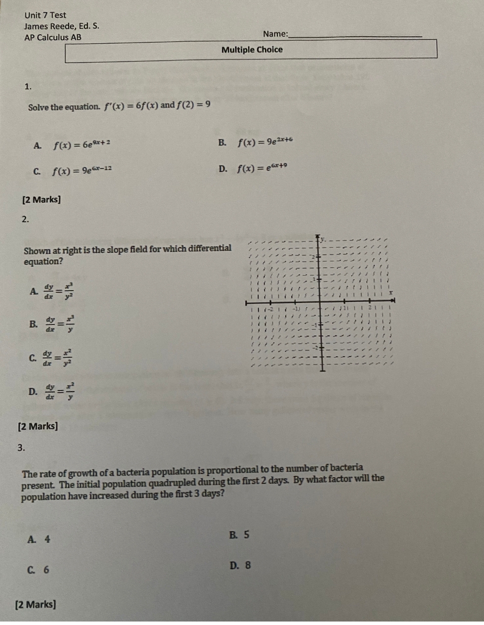 dy dx D. [2 Marks] 3 The rate of growth of a