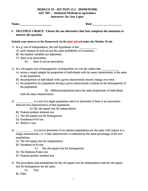  MODULE 10 - SECTION 12.2 - HOMEWORK AEC 505 - Statistical