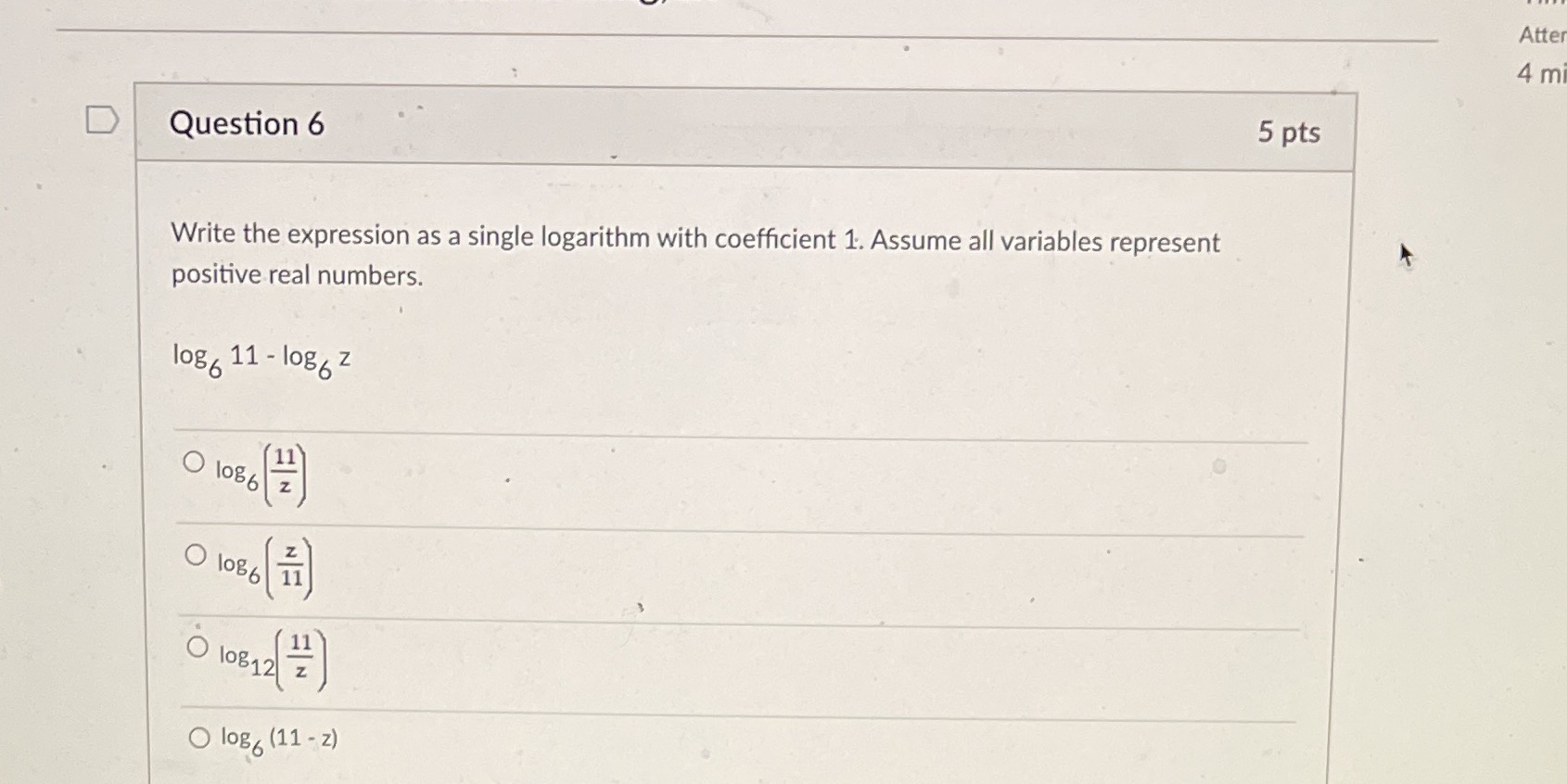 Atter 4 mi D Question 6 5 pts Write the expression