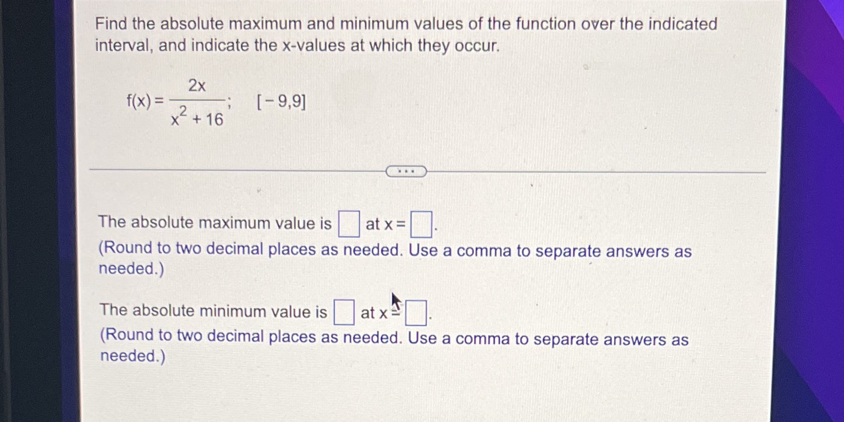 Find the absolute maximum and minimum values of the function over