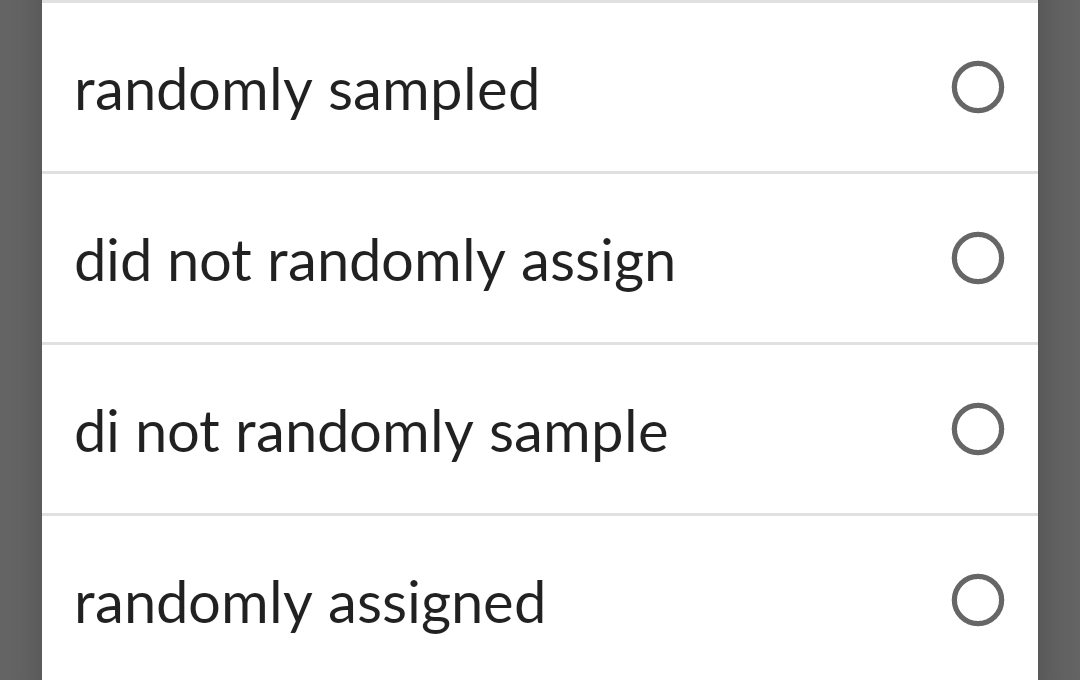  randomly sampled did not randomly assign di not randomly sample randomly
