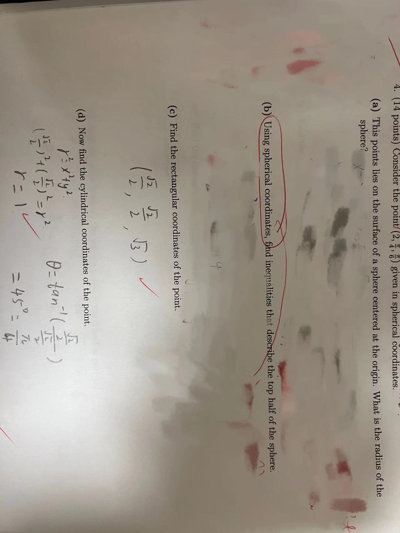  4. (14 points) Consider the point (2, 4, ") given in