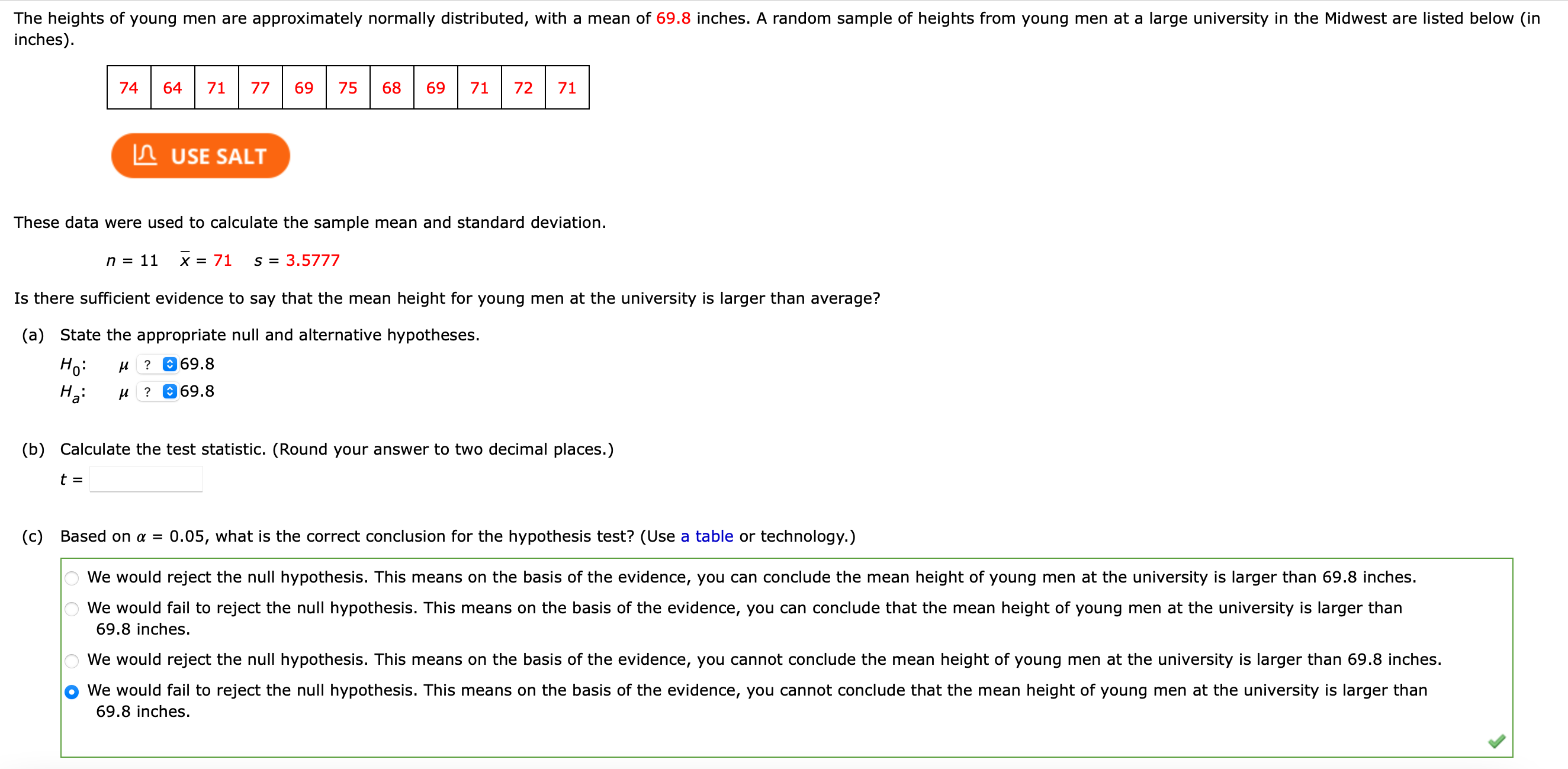 0.05. reject H0 fail to reject H0 (b) n = 17, T: