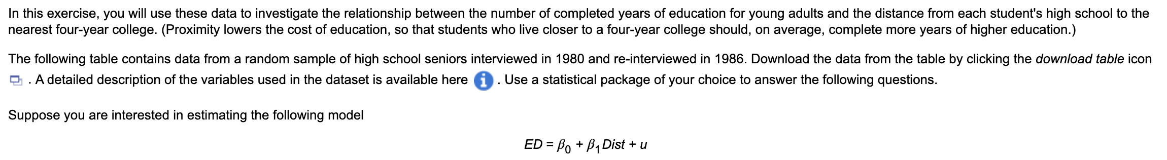 (ED) on distance to the nearest college (Dist). where Dist is measured