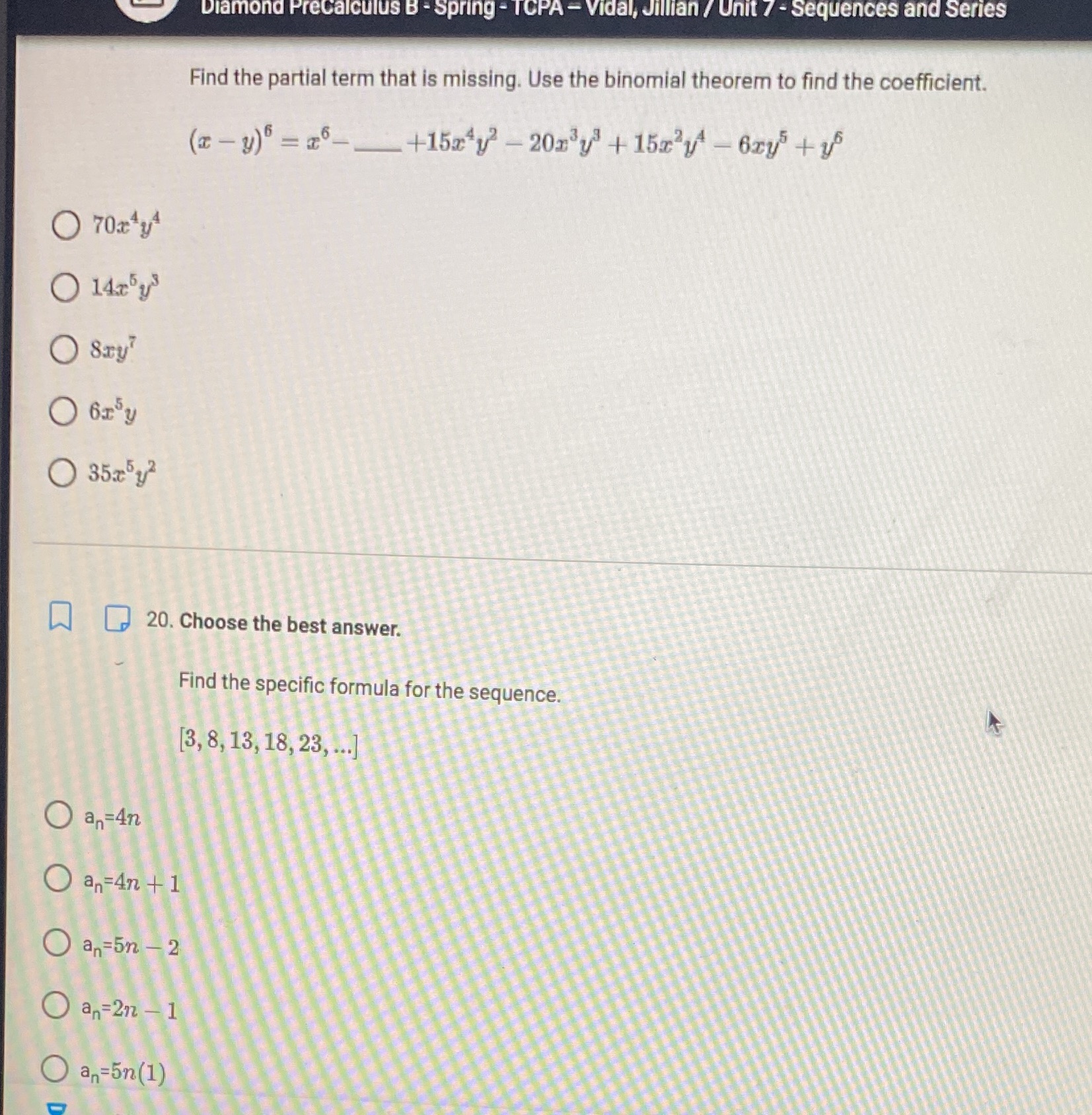  Diamond Precalculus B - Spring - TCPA - Vidal, Jillian /