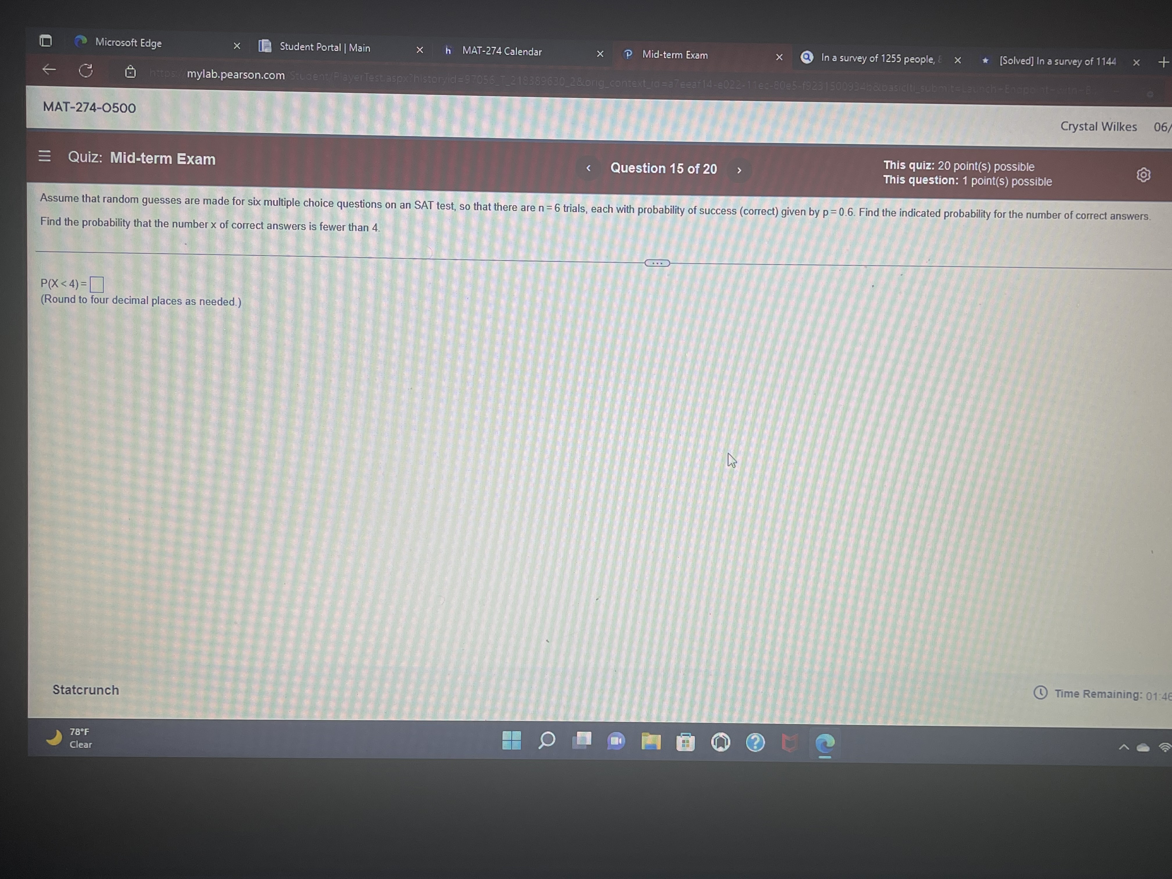 Microsoft Edge MAT-274-0500 X [Q Student Portal I Main mylab.pearson.com MAT-274 Calendar