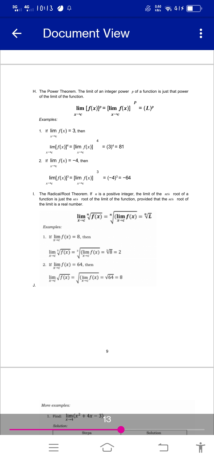 and lim g(x) exist, then so does lim[f(x) - g(x)]. Assessment Solve