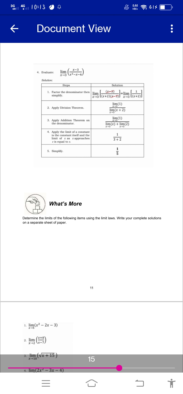 separate sheet of paper. 13 1. lim (10) *+6 A. 11 B.