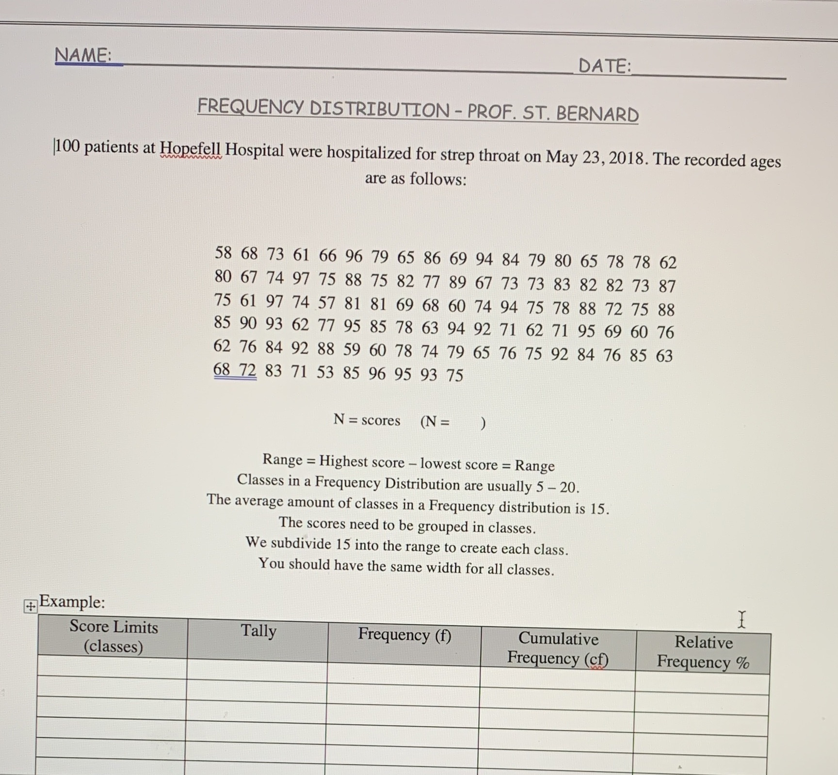  \\\\ A : DATE: FREQUENCV DISTRIBUTION - PROF. 5T. BERNARD [100