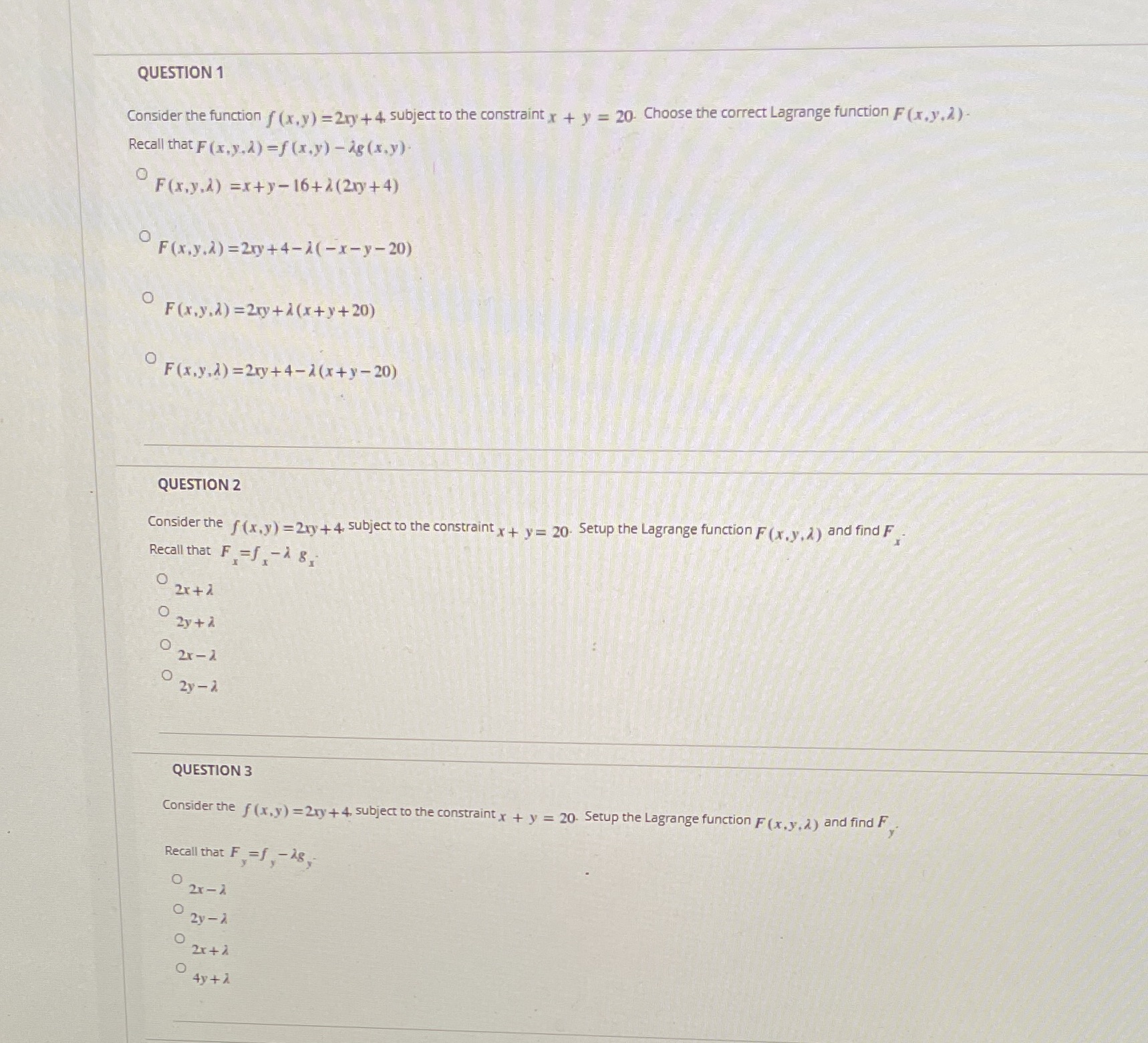  QUESTION 1 Consider the function f (x.y) =2ry + 4. subject