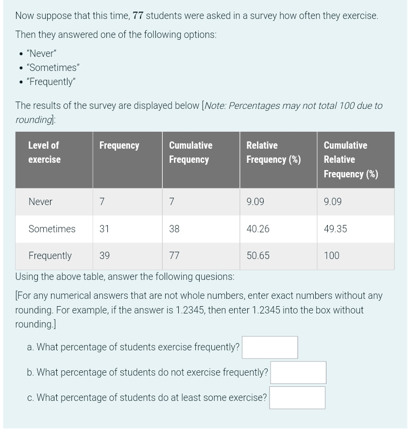 the student exercises: Factor, with levels "Freq" (frequently), "Some", "None".) O d.