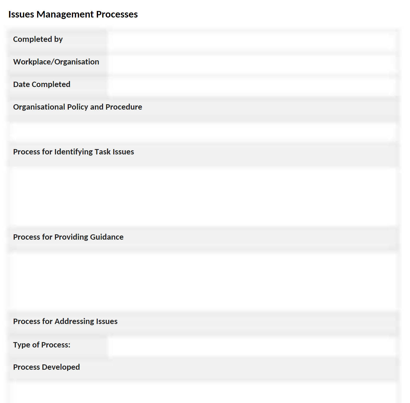 Issues Management Processes Completed by Workplace/ Organisation Date Completed Organisational Policy
