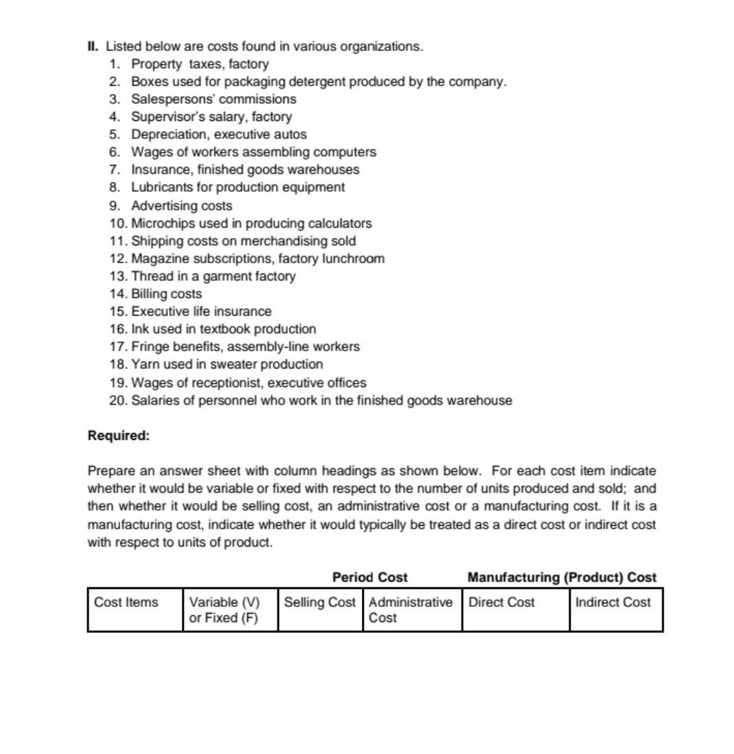Answer the ff II. Listed below are costs found in various organizations.