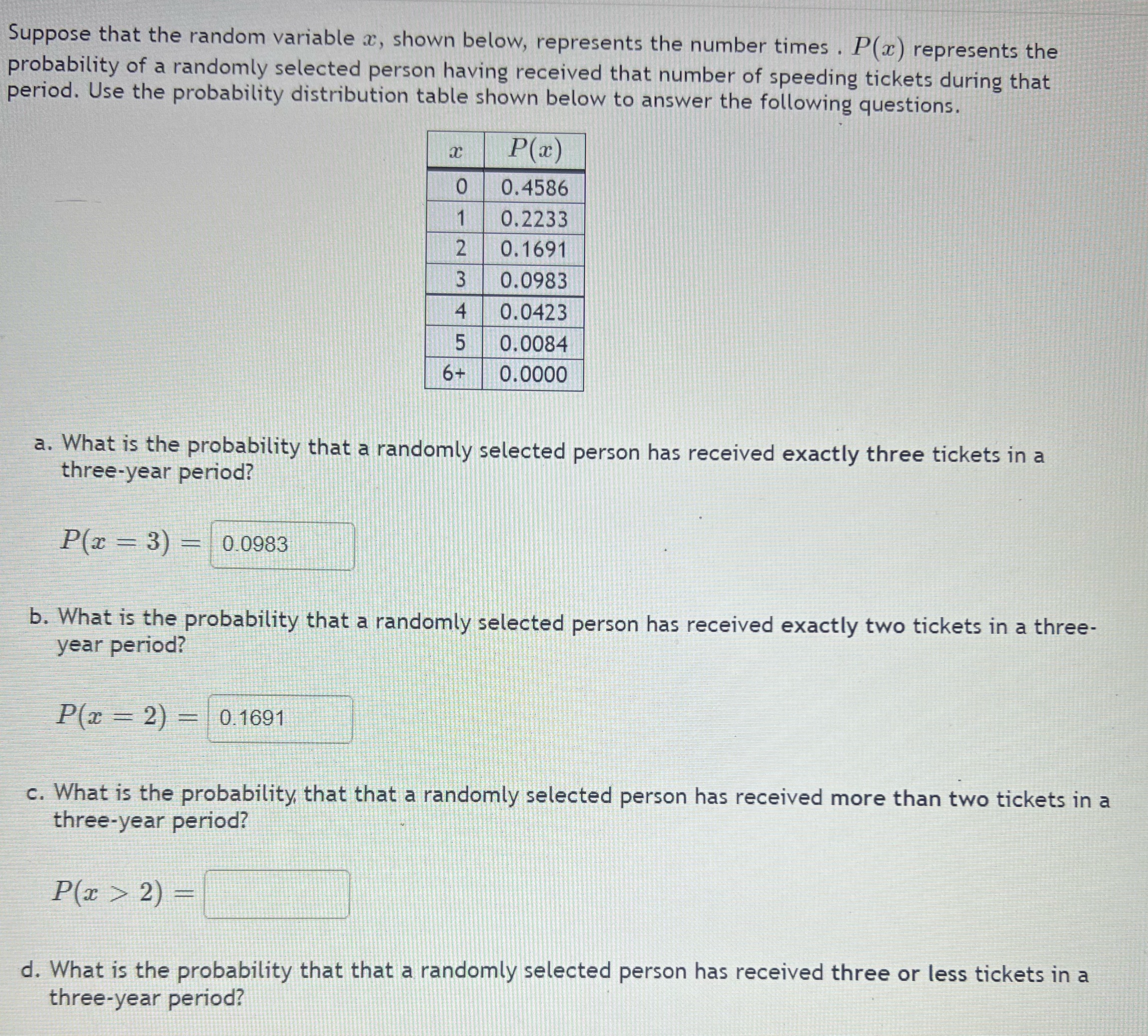  Suppose that the random variable x, shown below, represents the number
