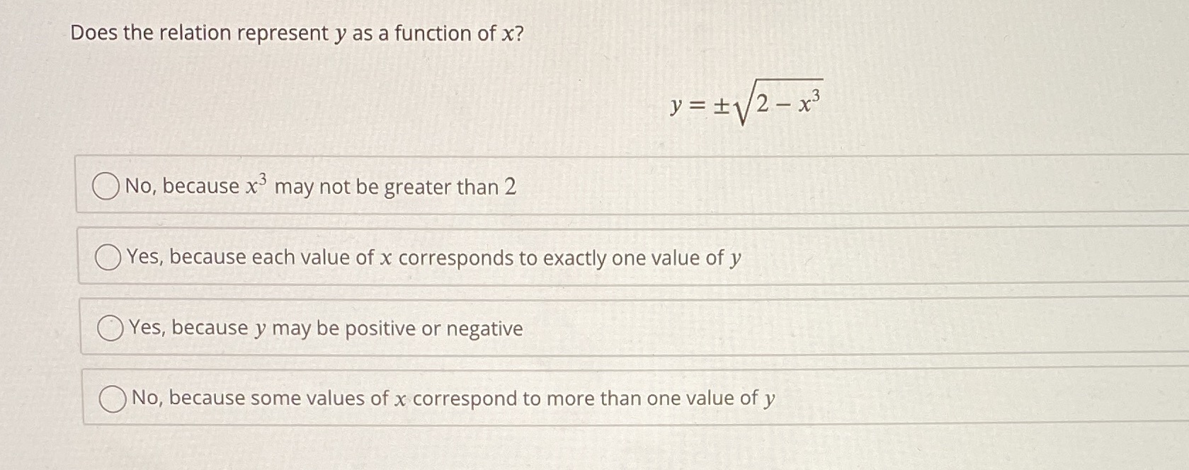  Does the relation represent y as a function of x? y=1/2-x3