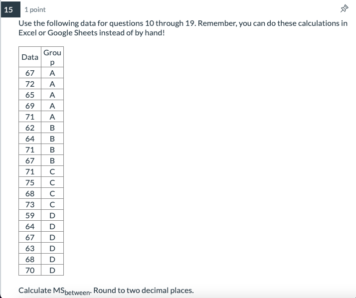 1 point Use the following data for questions 10 through 19. Remember,