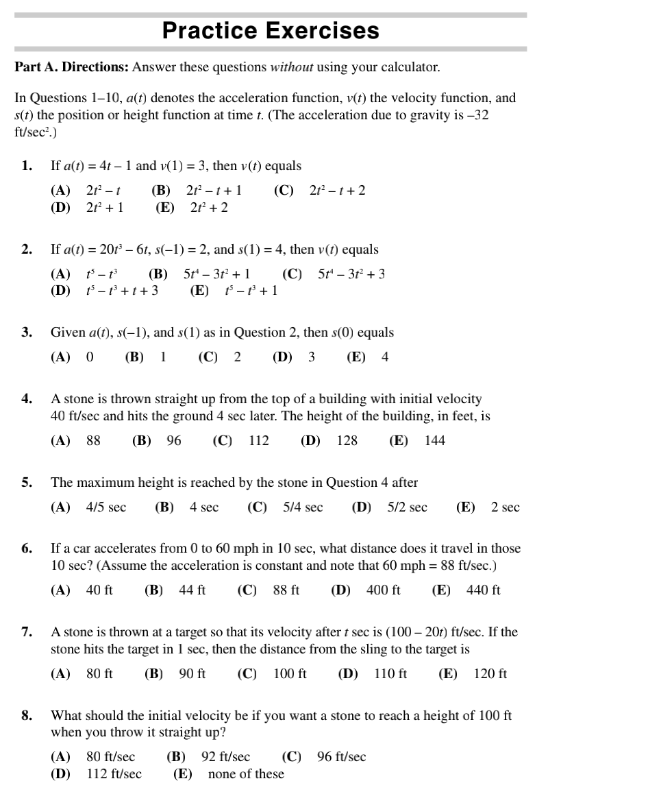  Practice Exercises Part A. Directions: Answer these questions without using your