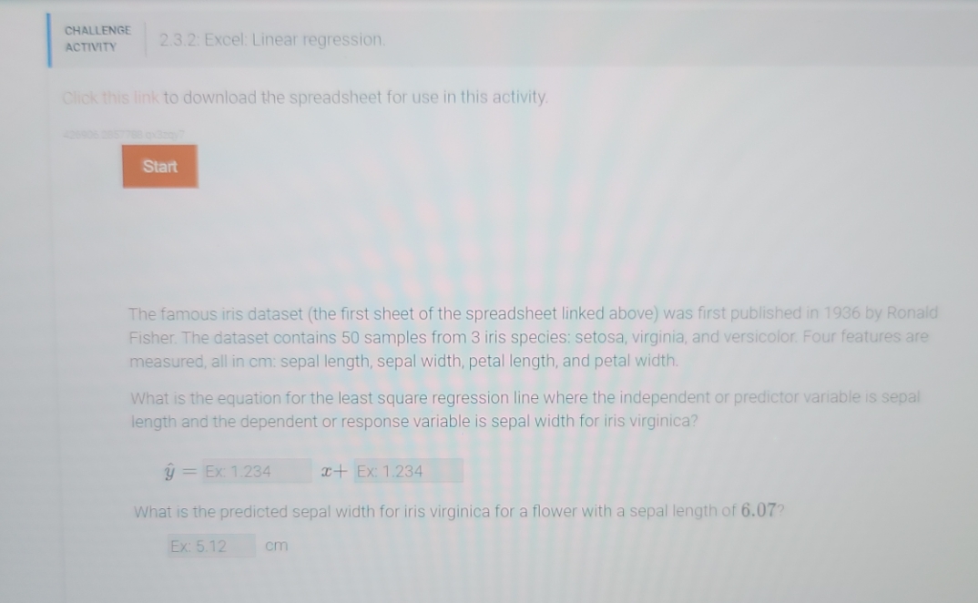 CHALLENGE ACTIVITY 2.3.2: Excel: Linear regression Click this link to download